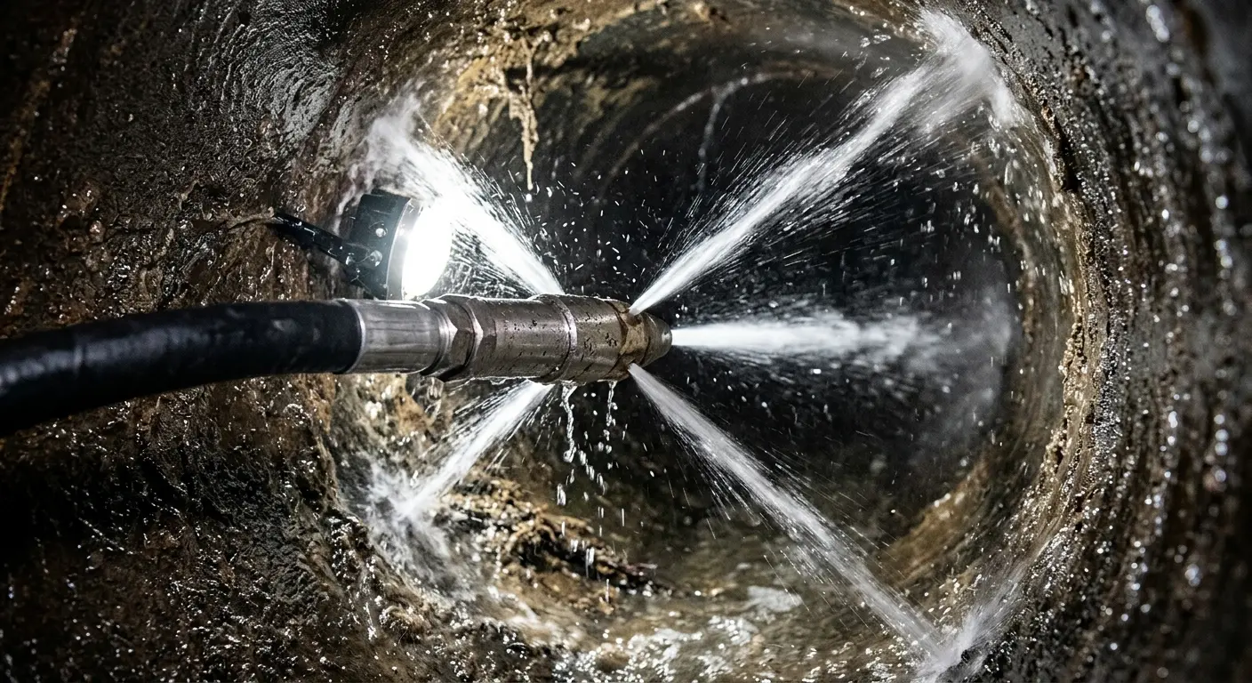 High-pressure hydro jetting nozzle cleaning sewer pipe for Trenchless Sewer Repair in Spearfish