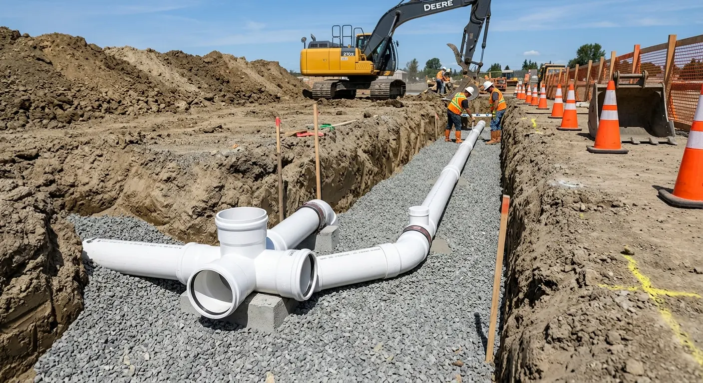 New PVC sewer pipe installation in open trench for Grease Trap Cleaning in Spearfish
