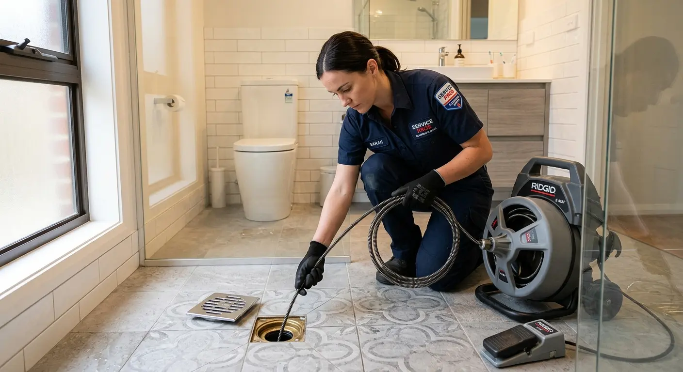 Technician clearing a bathroom floor drain for Sewer Line Installation in Spearfish